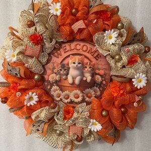 Festive Orange and Cream Cat Welcome Wreath